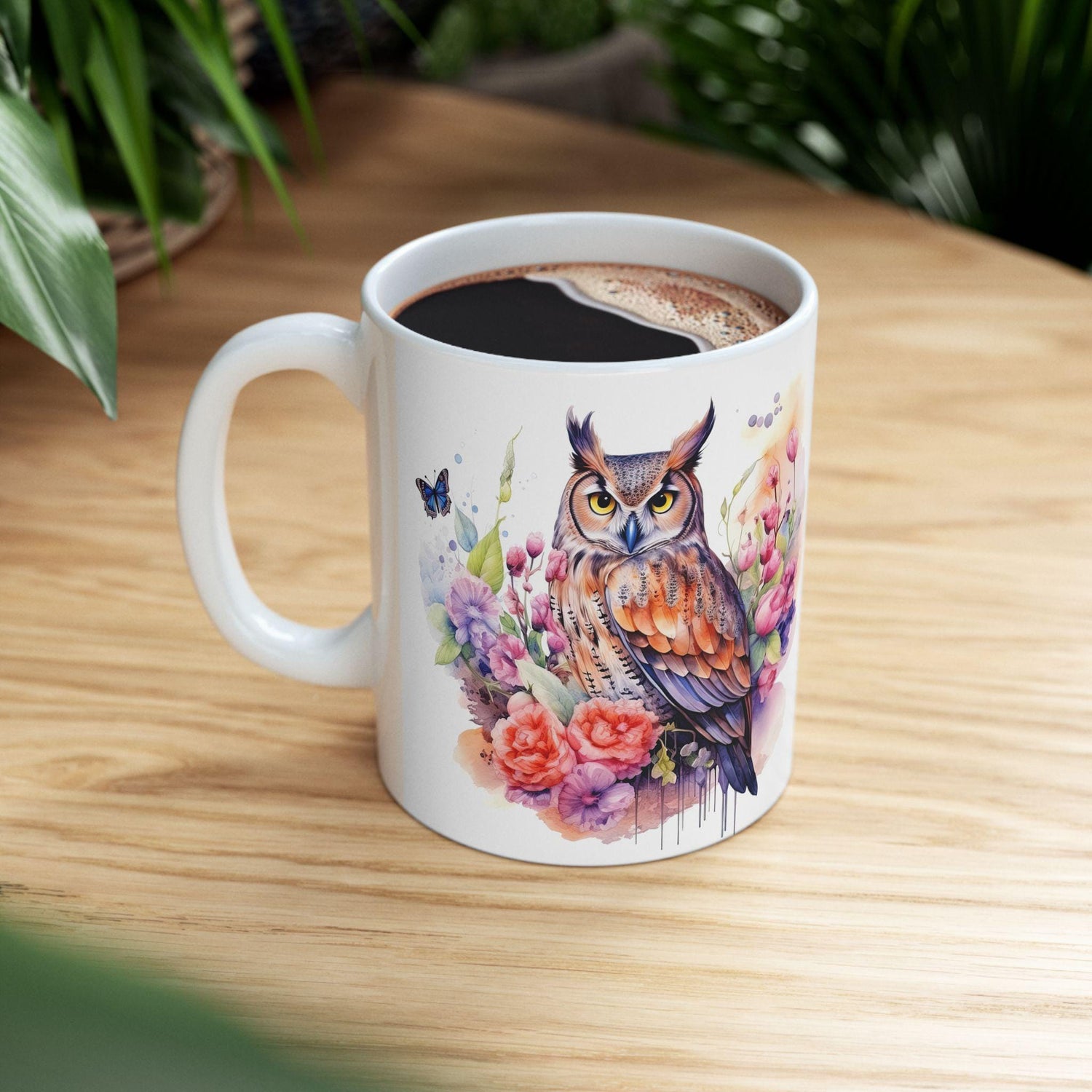 Serene Owl Floral Ceramic Mug | Artistic 15oz Coffee Cup for Nature Lovers