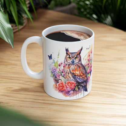 Serene Owl Floral Ceramic Mug | Artistic 15oz Coffee Cup for Nature Lovers