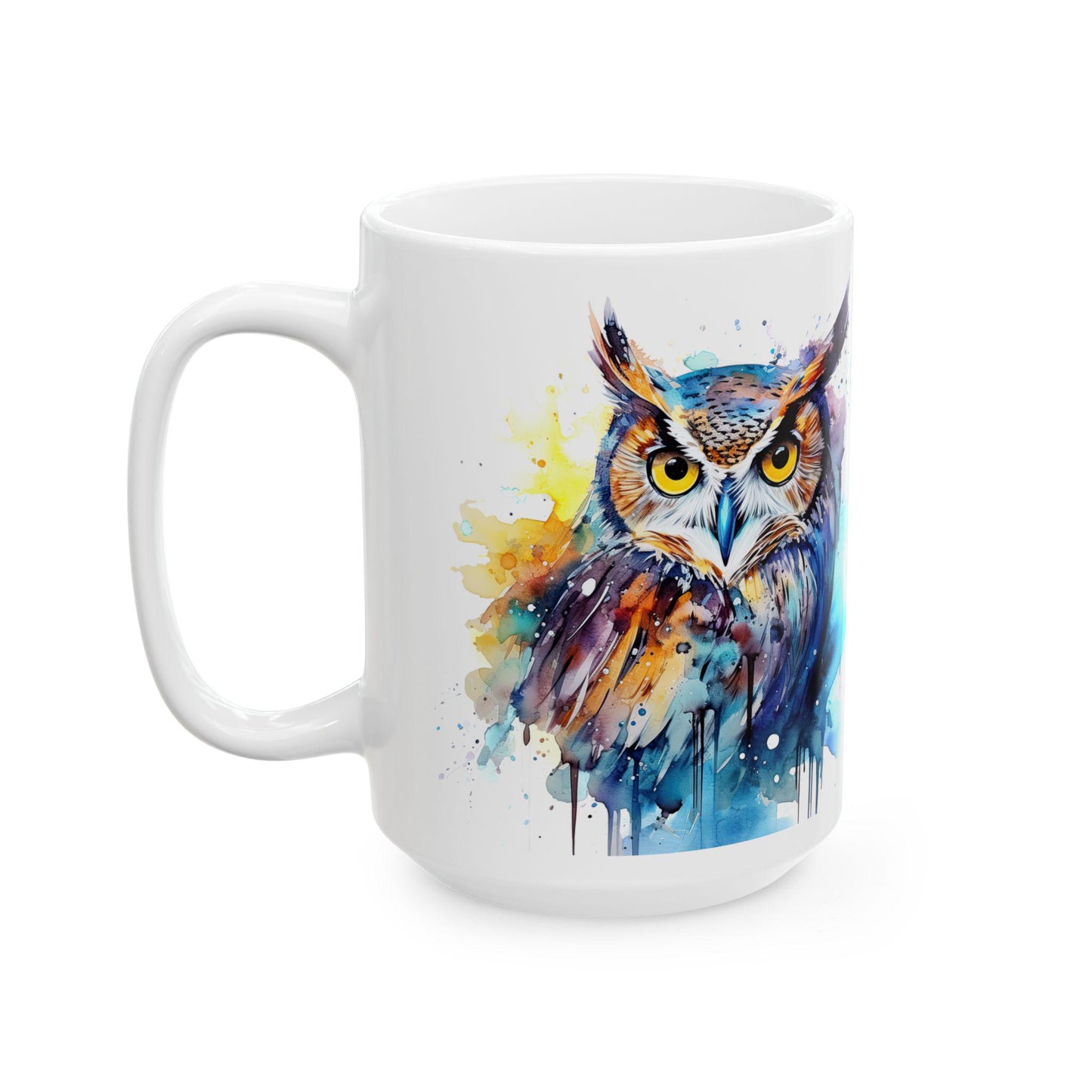 Watercolor Owl Mug | Vibrant Abstract Ceramic Coffee Cup (15 oz)