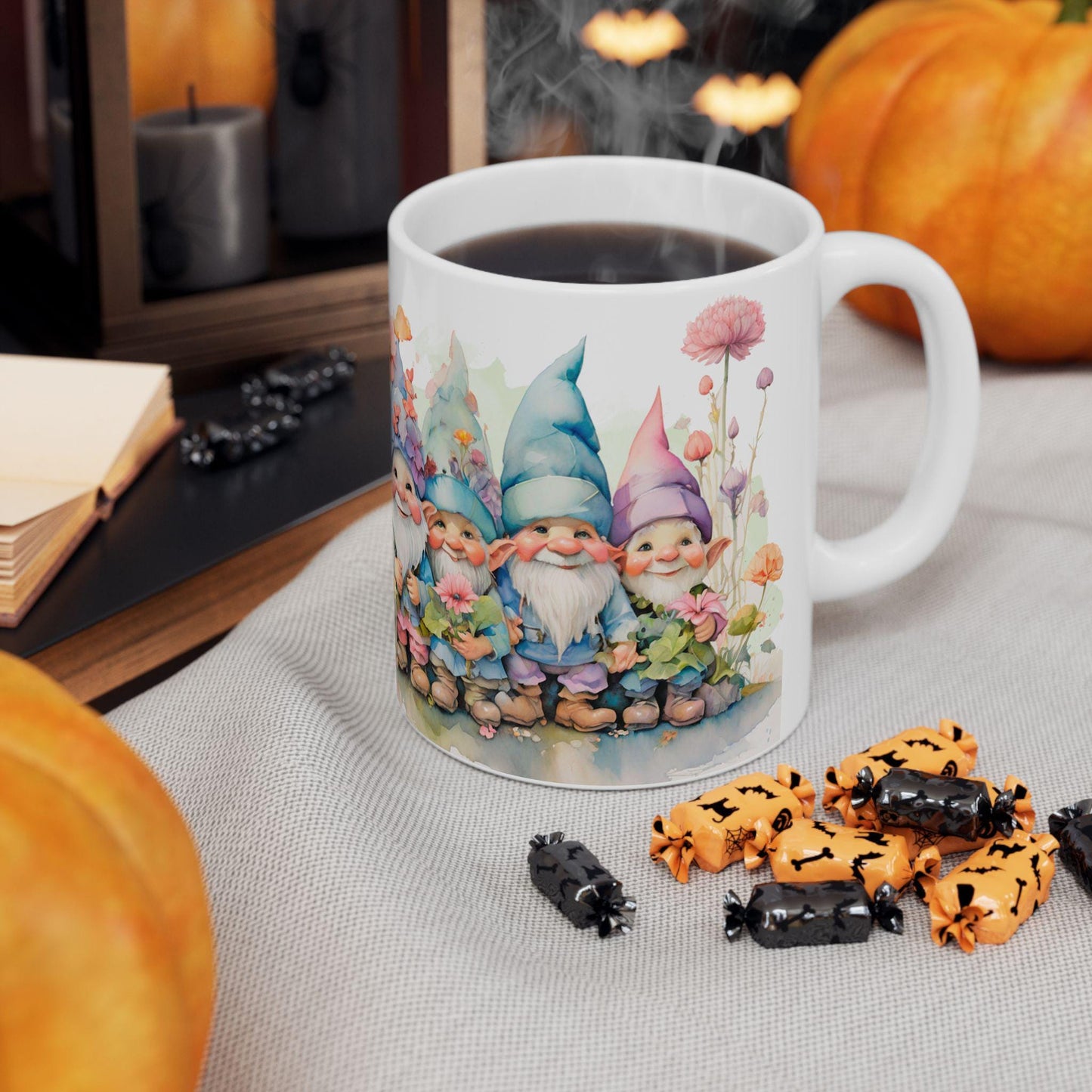 Garden Gnome Mug | Whimsical Floral Ceramic Coffee Cup | 15oz Capacity