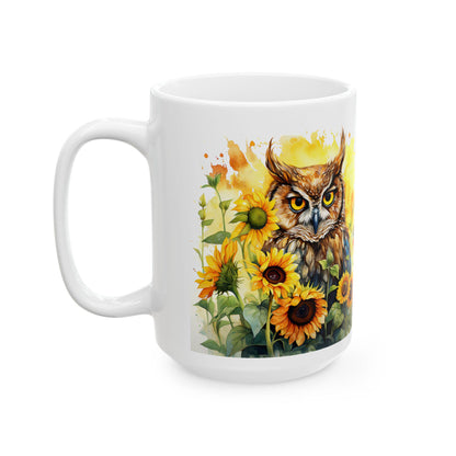Sunflower Owl Ceramic Mug | Vibrant Boho Nature Coffee Cup