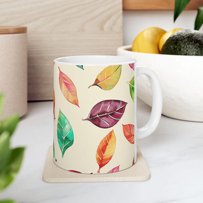Watercolor Autumn Leaves Mug | 15oz Ceramic Coffee Cup (Seasonal Gift)
