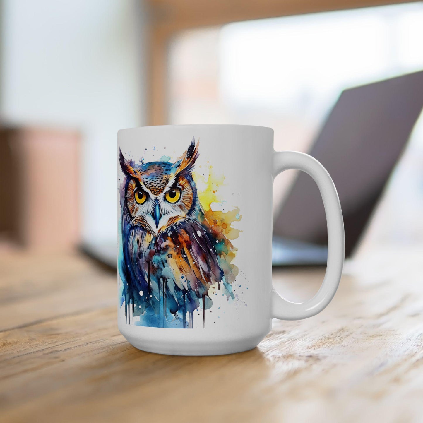 Watercolor Owl Mug | Vibrant Abstract Ceramic Coffee Cup (15 oz)