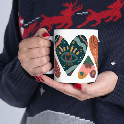 ColorFlow Boho Hearts Ceramic Mug | 15oz Abstract Art Coffee Cup