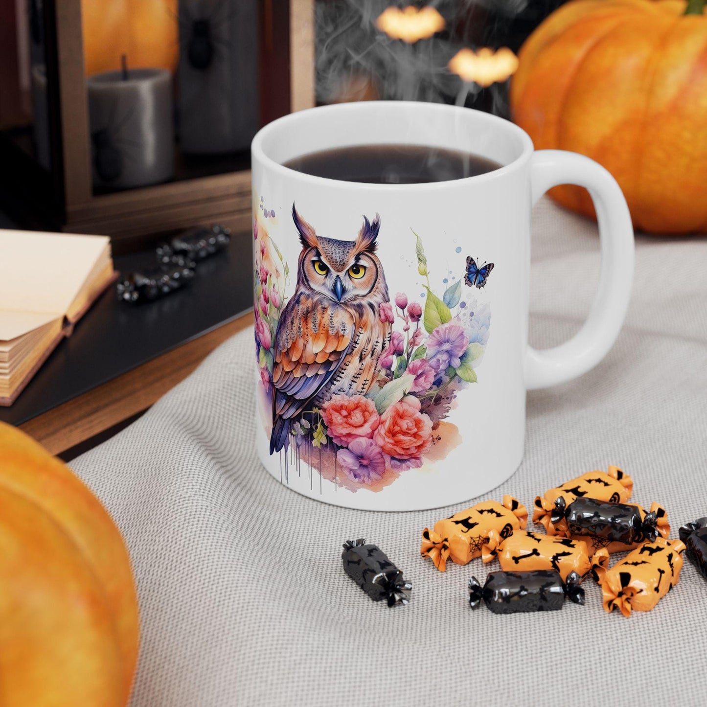 Serene Owl Floral Ceramic Mug | Artistic 15oz Coffee Cup for Nature Lovers