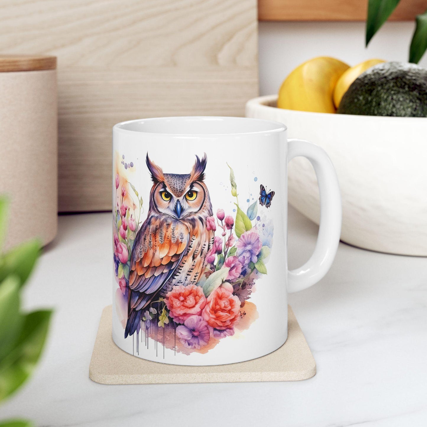 Serene Owl Floral Ceramic Mug | Artistic 15oz Coffee Cup for Nature Lovers