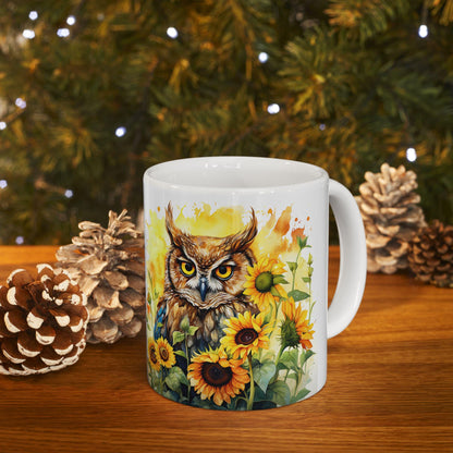 Sunflower Owl Ceramic Mug | Vibrant Boho Nature Coffee Cup