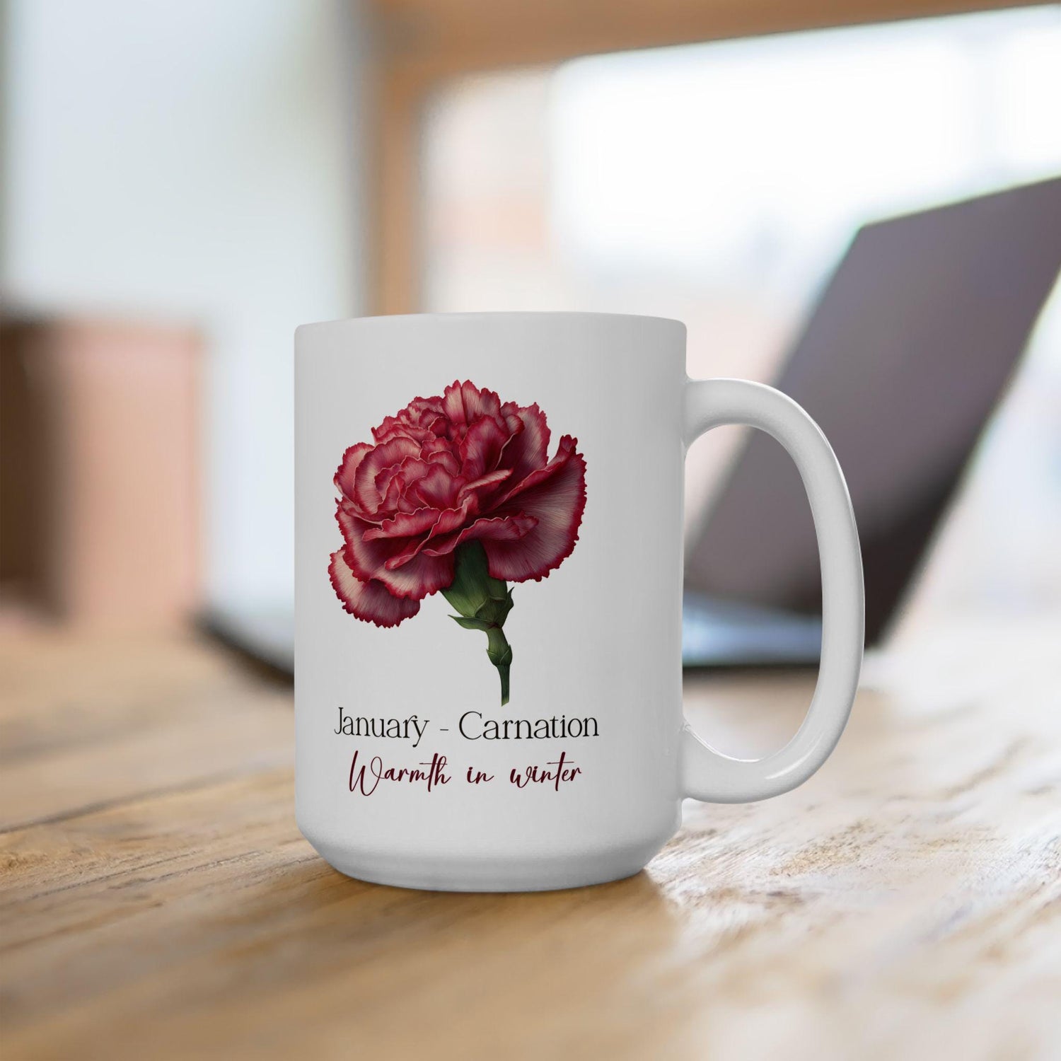 January Carnation Mug | Floral Winter Botanical 15oz Coffee Cup