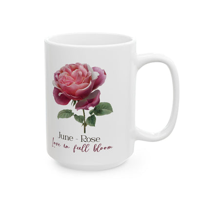 June Rose Floral Mug | 15oz Ceramic Coffee Cup (Birth Flower Gift)