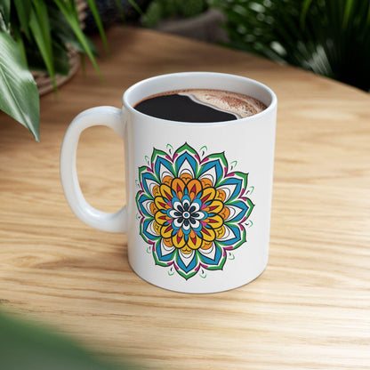 Golden Bloom Mandala Ceramic Mug | Colorful Boho Art Coffee Cup (15 oz)