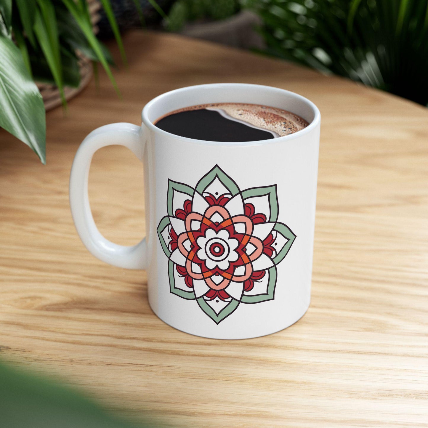 ColorFlow Mandala Ceramic Mug | 15oz Coffee Cup, Terracotta Mint Art