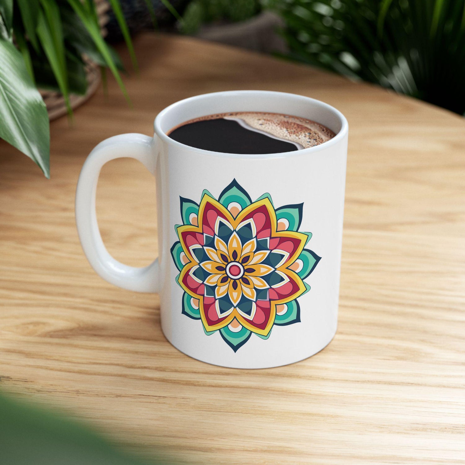 ColorFlow Mandala Ceramic Mug | 15oz Boho Coffee Cup, Vibrant Art (Dishwasher Safe)