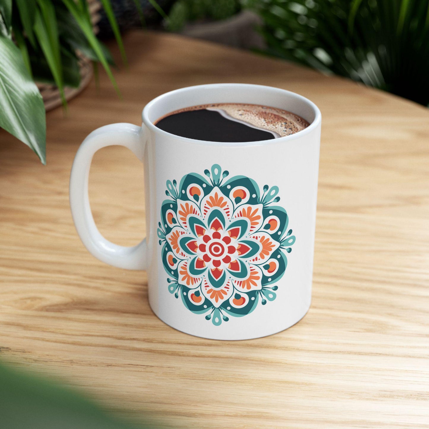 Boho Sunrise Mandala Ceramic Mug | Teal Orange Art Coffee Cup