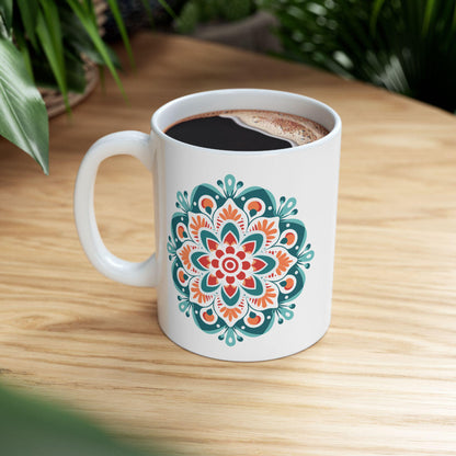 Boho Sunrise Mandala Ceramic Mug | Teal Orange Art Coffee Cup