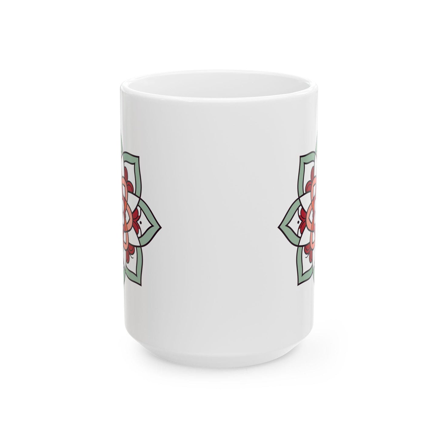 ColorFlow Mandala Ceramic Mug | 15oz Coffee Cup, Terracotta Mint Art
