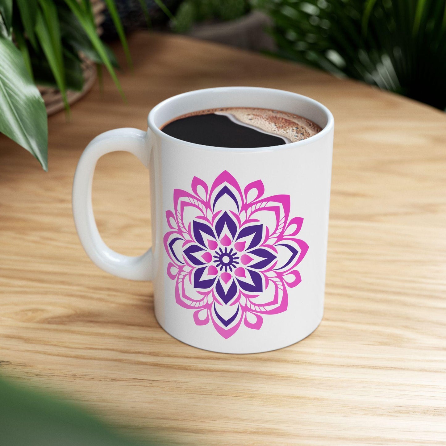 Pink Lotus Mandala Ceramic Mug | 15oz Coffee Cup | Feminine Floral Art