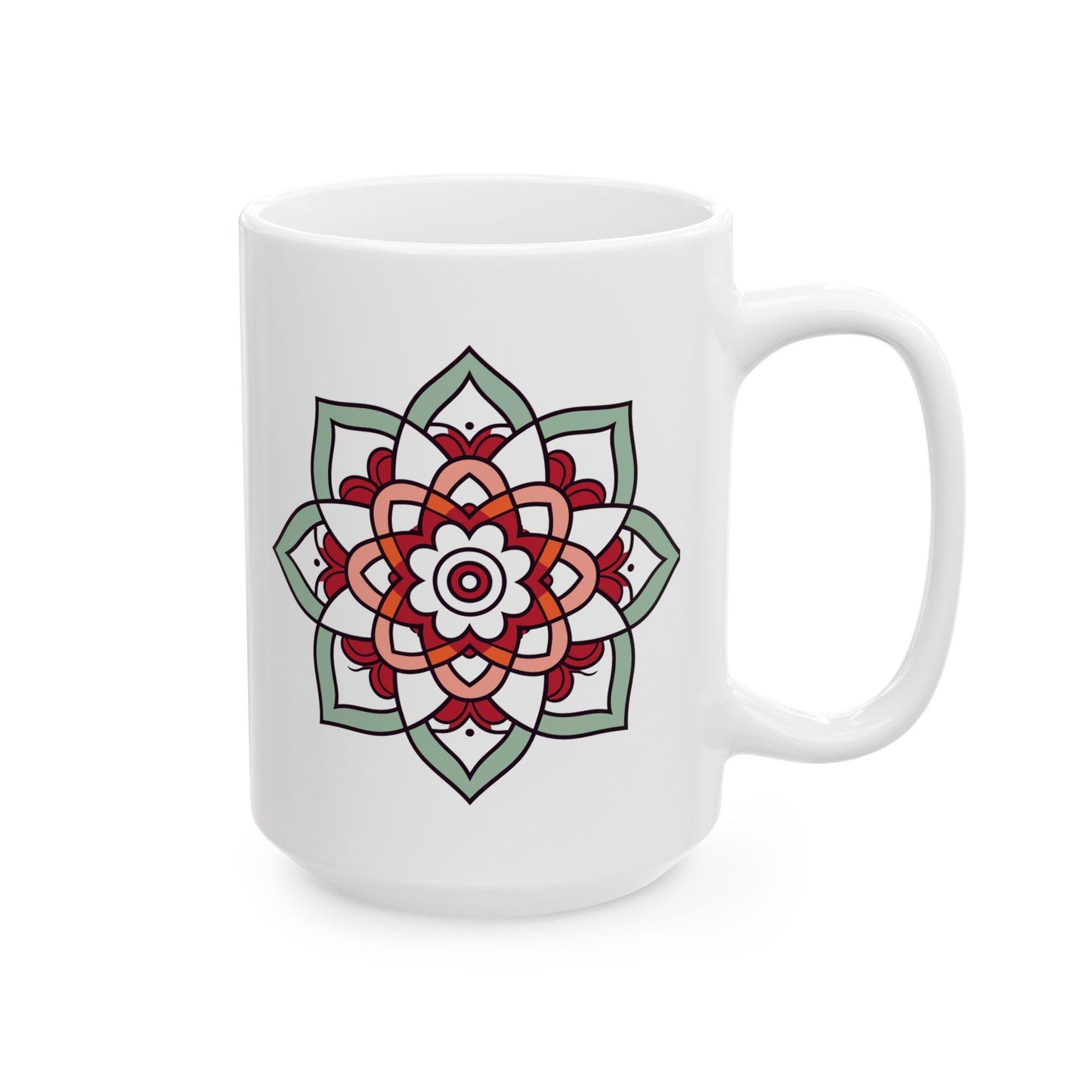 ColorFlow Mandala Ceramic Mug | 15oz Coffee Cup, Terracotta Mint Art