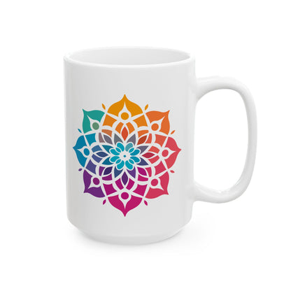 Radiant Spectrum Mandala Ceramic Mug | 15oz Rainbow Boho Coffee Cup