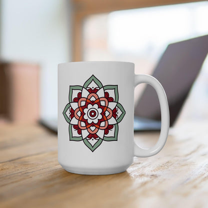 ColorFlow Mandala Ceramic Mug | 15oz Coffee Cup, Terracotta Mint Art