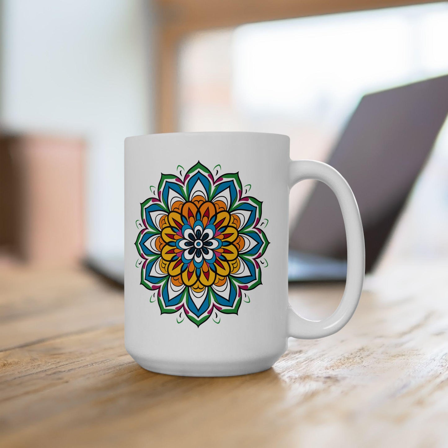 Golden Bloom Mandala Ceramic Mug | Colorful Boho Art Coffee Cup (15 oz)
