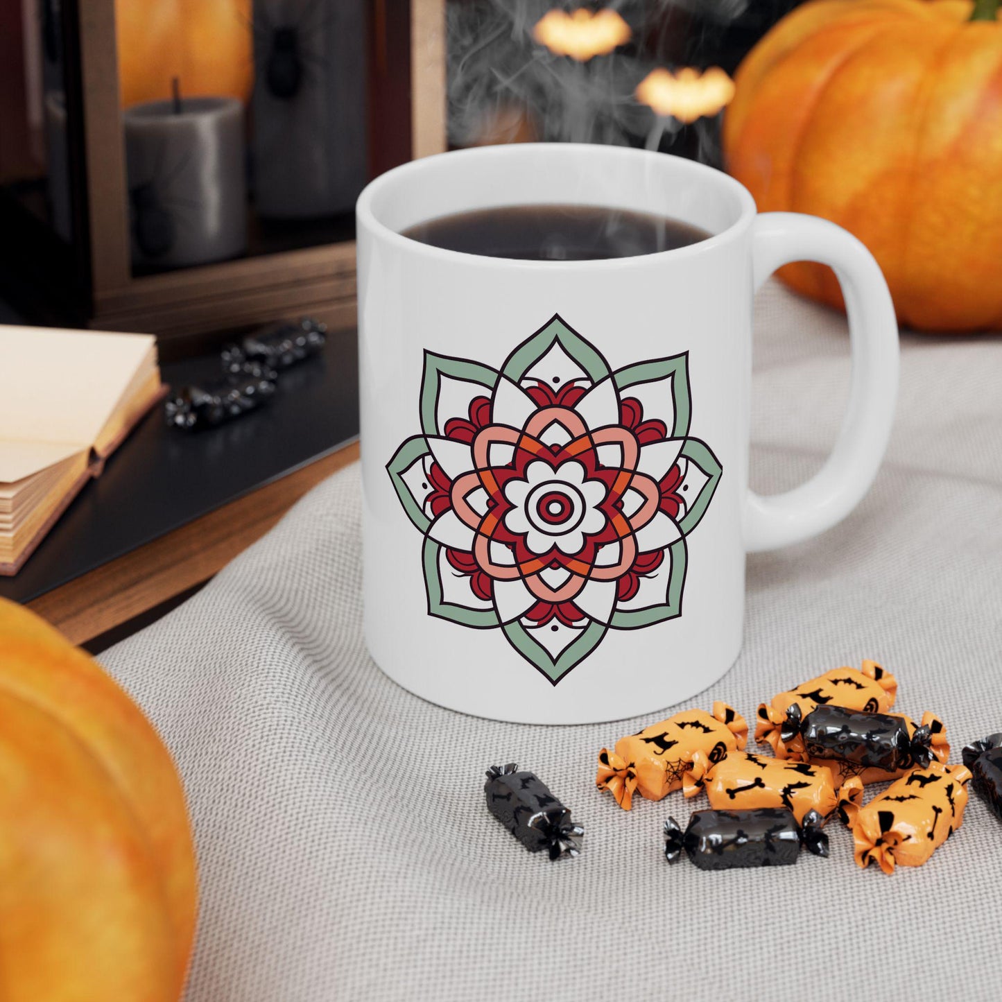 ColorFlow Mandala Ceramic Mug | 15oz Coffee Cup, Terracotta Mint Art