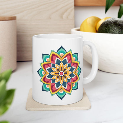 ColorFlow Mandala Ceramic Mug | 15oz Boho Coffee Cup, Vibrant Art (Dishwasher Safe)