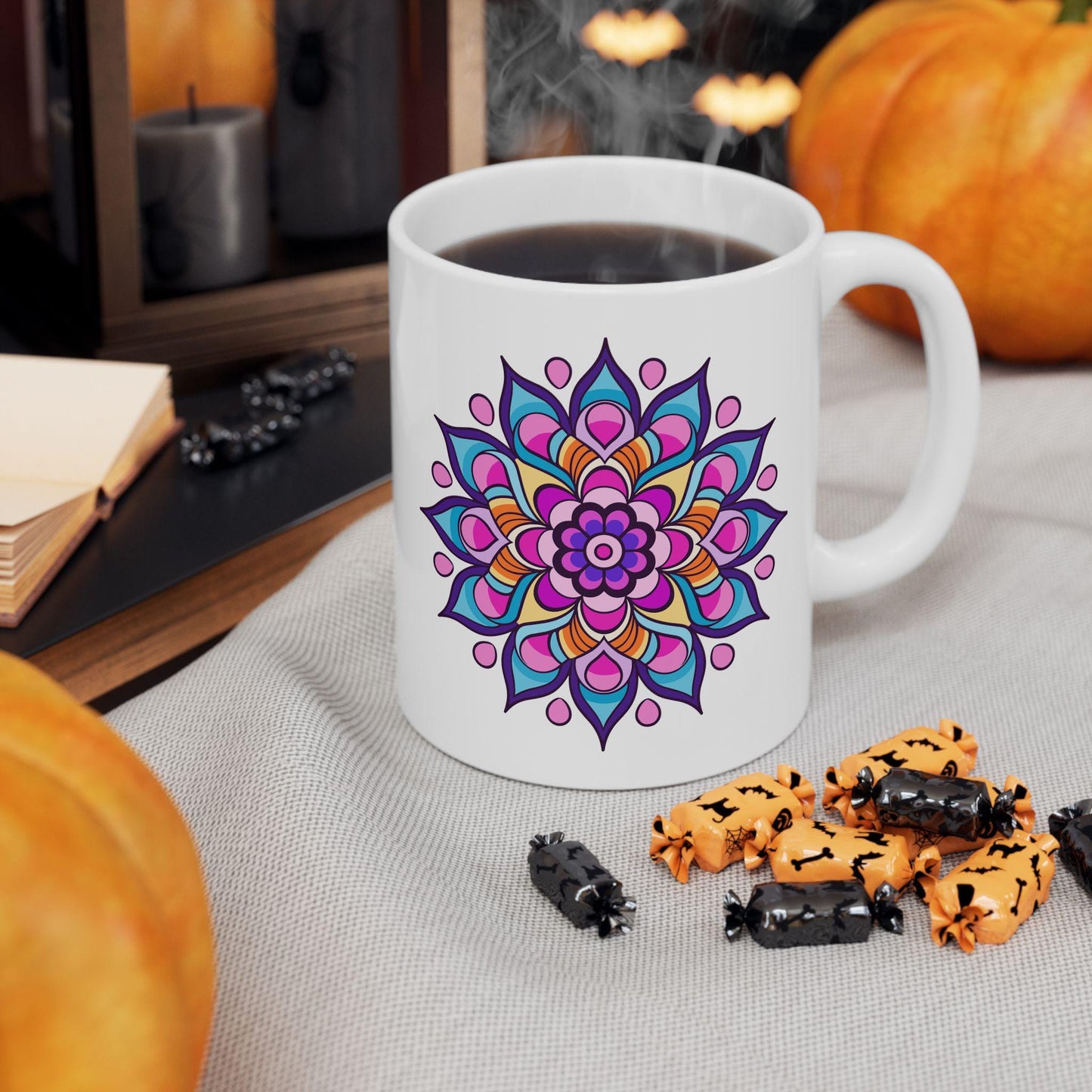 Celestial Mandala Ceramic Mug | 15oz Coffee Cup | Purple Pink Art Beverage Drinkware