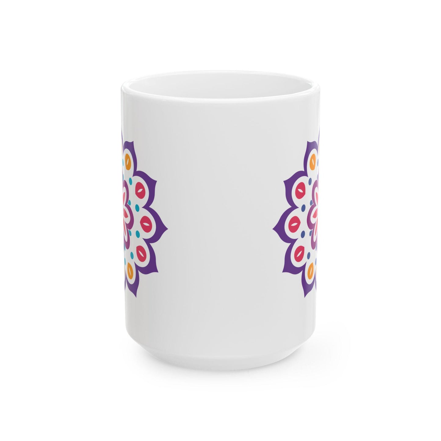 Radiant Bloom Mandala Ceramic Mug | 15oz Colorful Floral Art Coffee Cup