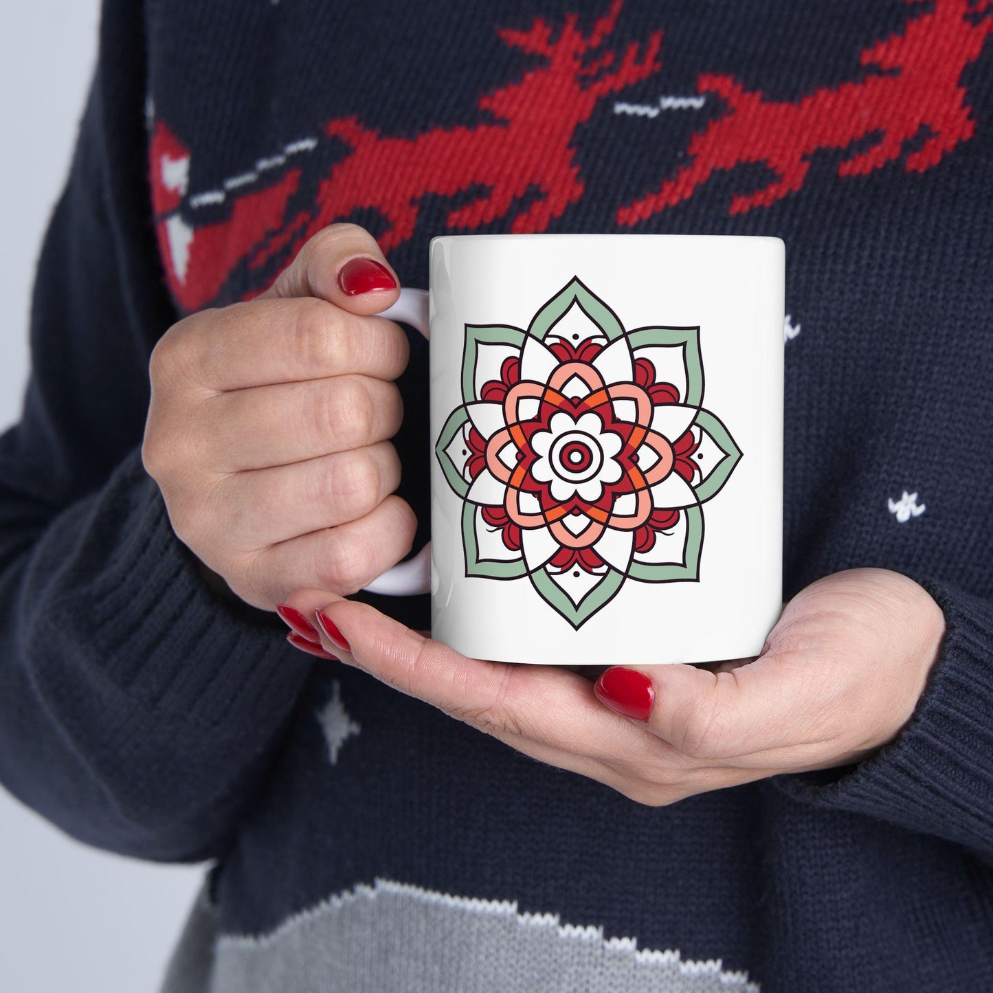 ColorFlow Mandala Ceramic Mug | 15oz Coffee Cup, Terracotta Mint Art