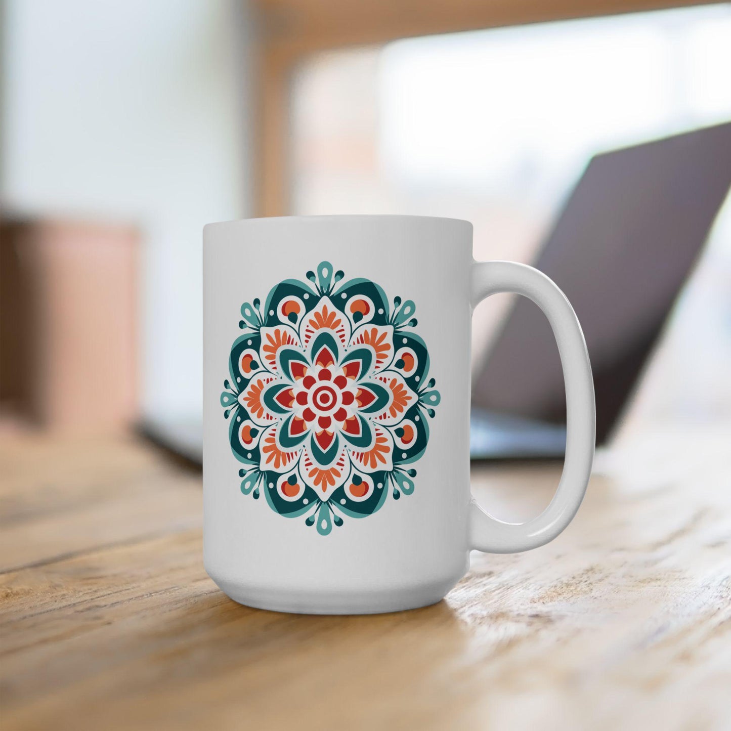 Boho Sunrise Mandala Ceramic Mug | Teal Orange Art Coffee Cup