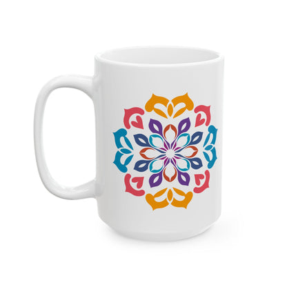 Vibrant Mandala Art Ceramic Mug | 15oz Coffee Cup | Colorful Artistic Design