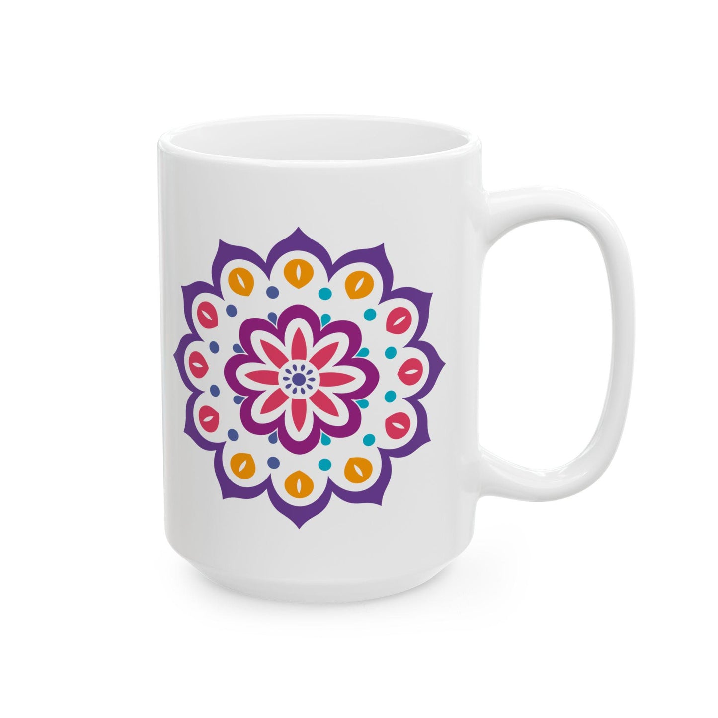 Radiant Bloom Mandala Ceramic Mug | 15oz Colorful Floral Art Coffee Cup