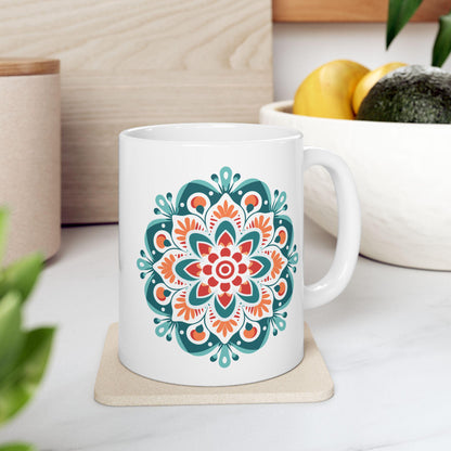 Boho Sunrise Mandala Ceramic Mug | Teal Orange Art Coffee Cup