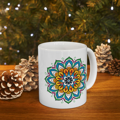Golden Bloom Mandala Ceramic Mug | Colorful Boho Art Coffee Cup (15 oz)
