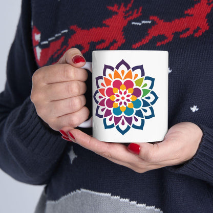 Vibrant Mandala Ceramic Mug | 15oz Coffee Cup | Rainbow Floral Art (Dishwasher Safe)