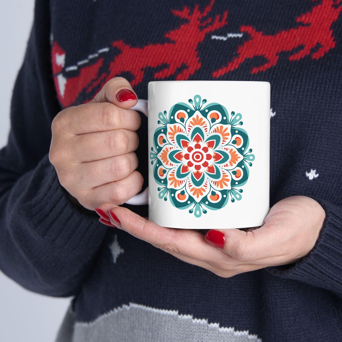 Boho Sunrise Mandala Ceramic Mug | Teal Orange Art Coffee Cup