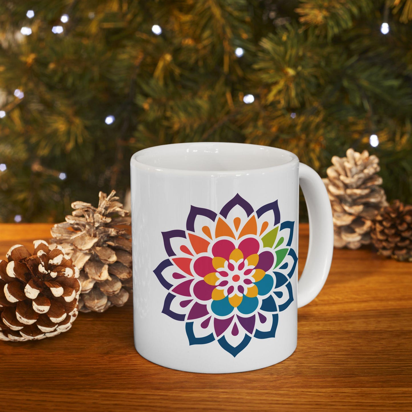 Vibrant Mandala Ceramic Mug | 15oz Coffee Cup | Rainbow Floral Art (Dishwasher Safe)