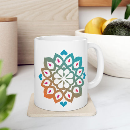 ColorFlow Mandala Ceramic Mug | 15oz Teal Orange Art Coffee Cup