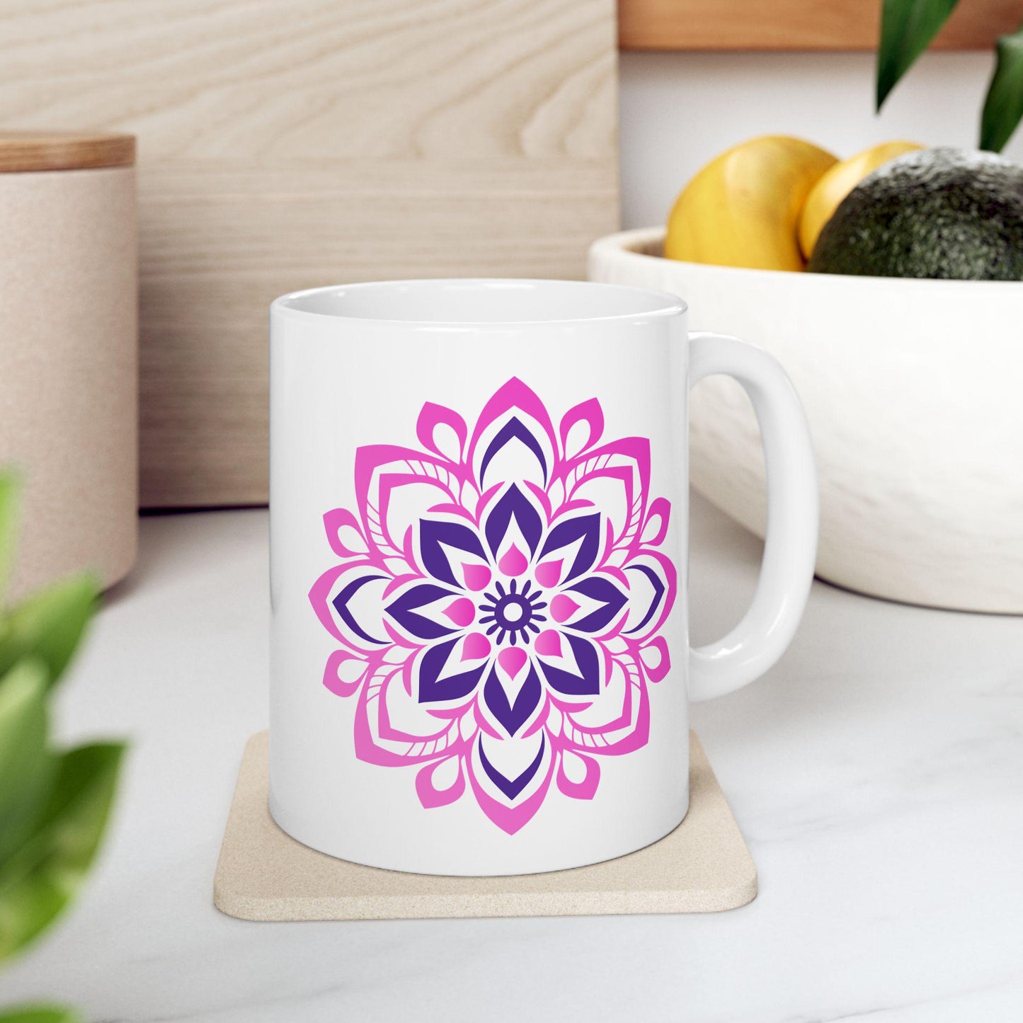 Pink Lotus Mandala Ceramic Mug | 15oz Coffee Cup | Feminine Floral Art
