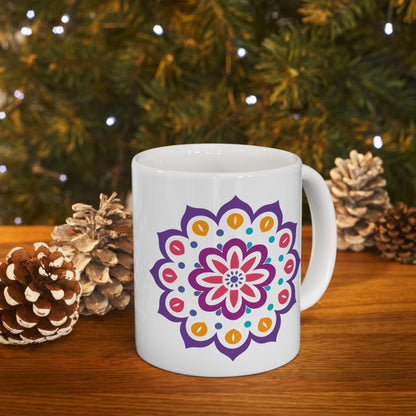 Radiant Bloom Mandala Ceramic Mug | 15oz Colorful Floral Art Coffee Cup