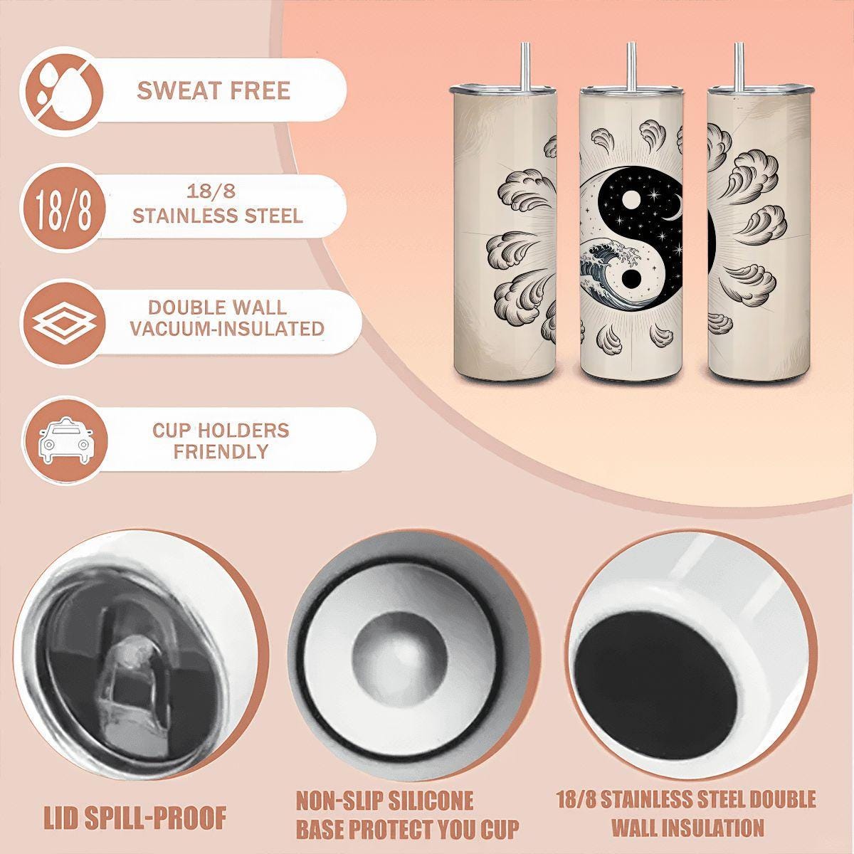 20oz Straight Stainless Steel Tumbler with Straw（Made in USA)